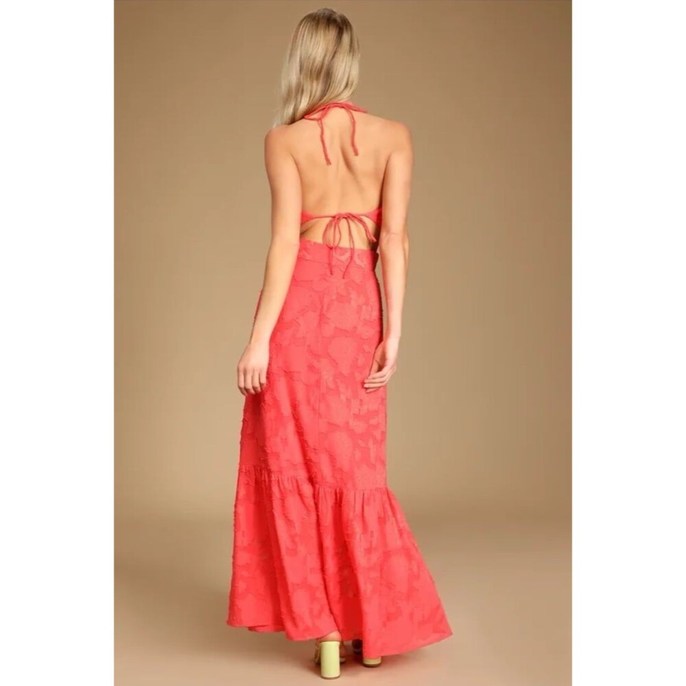Lulus Touch of Elegance Coral Floral Burnout Halter Maxi Dress XL - Picture 4 of 10